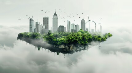 Sustainable city floating on a lush, green island with modern skyscrapers
