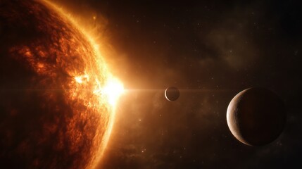 Cosmic journey: planets aligned with fiery sun in space for sci-fi poster or digital art