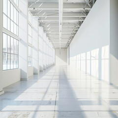 minimal white warehouse interior with sun shining