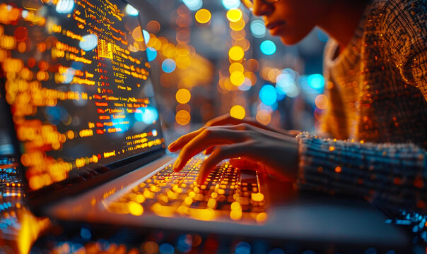 Young Male Software Engineer Coding on Laptop with Circuit Board and JavaScript Code on Virtual Screen - Tech Developer Concept