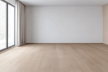 Modern empty living room with large windows, light wood flooring, and neutral walls bathed in natural sunlight