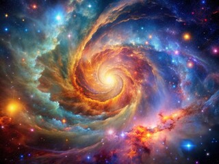 Vibrant cosmic nebula background features a stunning galaxy with shimmering stars, iridescent gas clouds, and majestic swirls of colorful interstellar matter in exquisite detail.