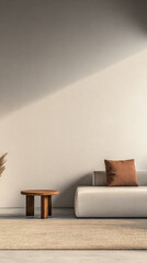 Bright and simple living room featuring a white sofa, a wooden table, and a cozy rug in a modern minimalist style