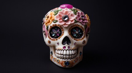 Exquisite Sugar Skull Adorned with Gems and Edible Flowers For Dios De los Muertos