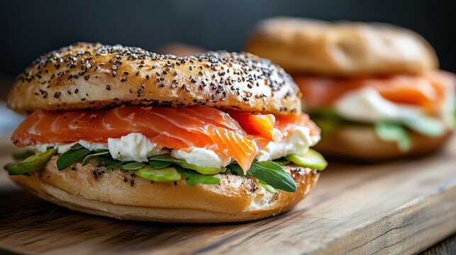 Delicious bagel sandwich with salmon, avocado, and cream cheese for breakfast or lunch