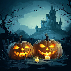 Fototapeta premium Halloween background with scary pumpkins candles in the graveyard at night with a castle background