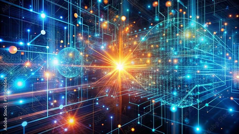 Poster digital graphic abstract background for technological processes, neural networks, digital data stora