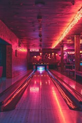 Naklejka premium Retro Bowling Alley with Vibrant Neon Lights and Reflective Floors