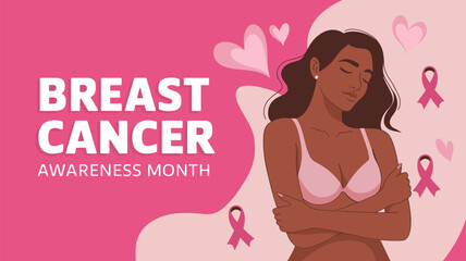 Breast Cancer Awareness Month Flat Vector Poster with Woman and Pink Ribbon Elements