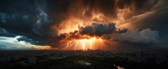 Fototapeta premium Dramatic lightning storm over cityscape at sunset for print and poster art
