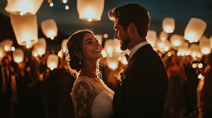 Bride and Groom Embrace During a Nighttime Wedding Ceremony with Sky Lanterns