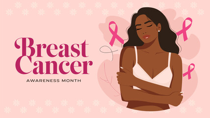 Breast Cancer Awareness Month Flat Vector Poster with Woman and Pink Ribbon Elements