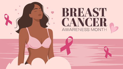 Breast Cancer Awareness Month Flat Vector Poster with Woman and Pink Ribbon Elements