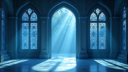 A serene blue arched window with intricate designs illuminates the floor, creating a tranquil and atmospheric scene, perfect for architectural and interior design themes.