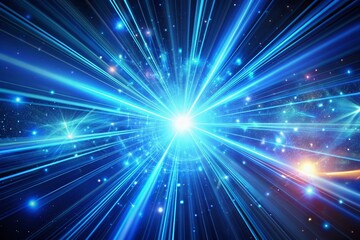 Naklejka premium Vibrant blue lines and neon rays radiate from a glowing comet, blurring into a futuristic abstract background with a mesmerizing glow of laser-like lights and electric energy.