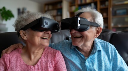 Elderly couple joyfully experiencing virtual reality technology for fun and connection