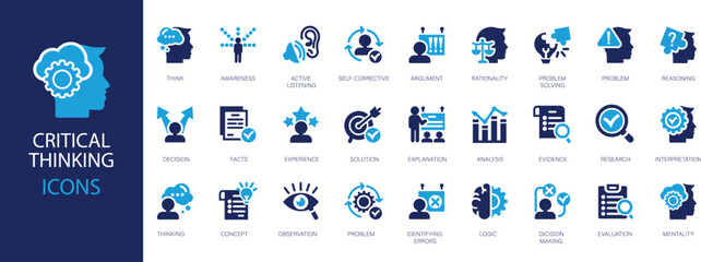 Critical thinking flat icons set. Analysis, think, experience, solution, research, problem icons and more signs.