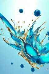 An abstract dynamic shiny splashing liquid with drops in shades of turquoise and gold