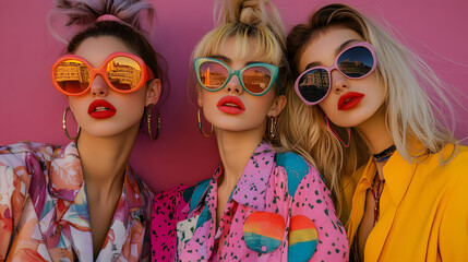 Obraz premium Fashion of young girls from the 80s and 90s, showcasing vibrant neon hues, high-waisted jeans, scrunchies, and voluminous hairstyles