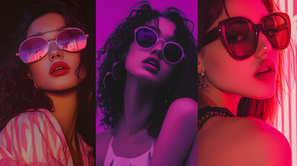 Fashion of young girls from the 80s and 90s, showcasing vibrant neon hues, high-waisted jeans, scrunchies, and voluminous hairstyles