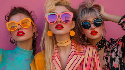 Fototapeta premium Fashion of young girls from the 80s and 90s, showcasing vibrant neon hues, high-waisted jeans, scrunchies, and voluminous hairstyles