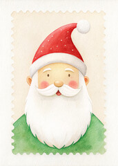 A watercolor painting of Santa Claus with a red hat and white beard