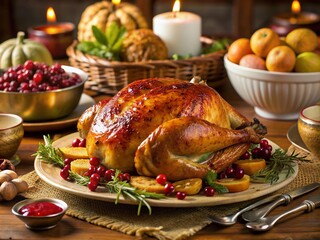 Golden-glazed turkey centerpiece on a festive table setting surrounded by pumpkin pie, cranberry chutney, and freshly baked bread, evoking warm American holiday celebrations.