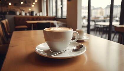 A freshly brewed cup of coffee on a vintage-style table, exuding warmth and charm, perfect for coffee enthusiasts