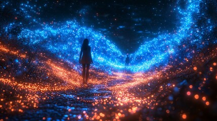 A surreal forest scene featuring glowing blue and orange lights along a path, with two silhouetted figures walking in a dreamlike atmosphere.