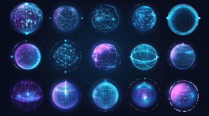 Orbital shield abstract energy safeguarding spheres. Protective force field globe shell. Dome barrier technology vector collection.