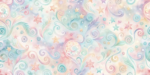 Soft, whimsical watercolor background featuring a blend of gentle pastel hues in a seamless, repeating pattern of swirling shapes and abstract textures.