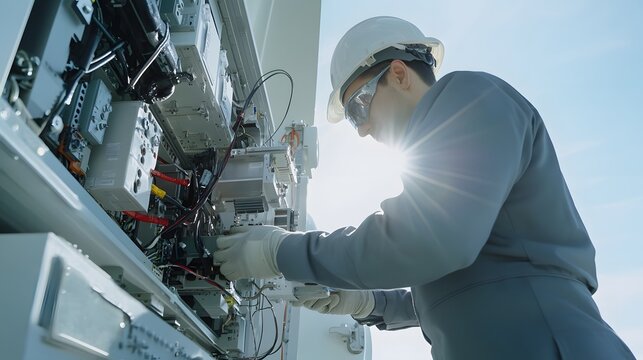 Wind turbine engineer in a grey suit checking the electrical systems inside the turbine, bright clear sky with intense sunlight, detailed electrical components and engineer equipment, precise and