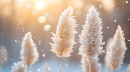 Abstract natural background of soft plants Cortaderia selloana. Pampas grass on a blurry bokeh, Dry reeds boho style. Fluffy stems of tall grass in winter
