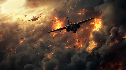 Naklejka premium A dramatic war battle scene with soldiers in trenches, explosions lighting up the sky, smoke billowing, and chaos unfolding as troops clash amidst debris and gunfire