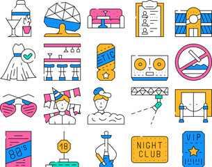 Night Club Dance Party Collection Icons Set Vector. Night Club Lounge Area And Floor Disco Ball, Bar Counter And Dj Equipment color Contour Illustrations