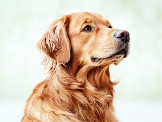 Fototapeta premium Portrait image of Golden Retriever dog, looking up with a curious expression.