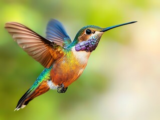 Fototapeta premium A flying hummingbird in vibrant, showcasing its iridescent plumage against a blurred green background.