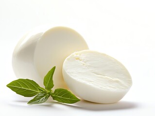 Fresh mozzarella cheese with topping basil leaves, its smooth surface and pristine white color.