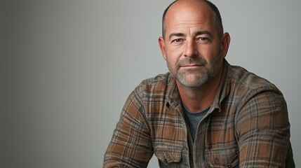 Fototapeta premium A man with a beard and gray hair is sitting in a chair. He is wearing a plaid shirt and a blue shirt