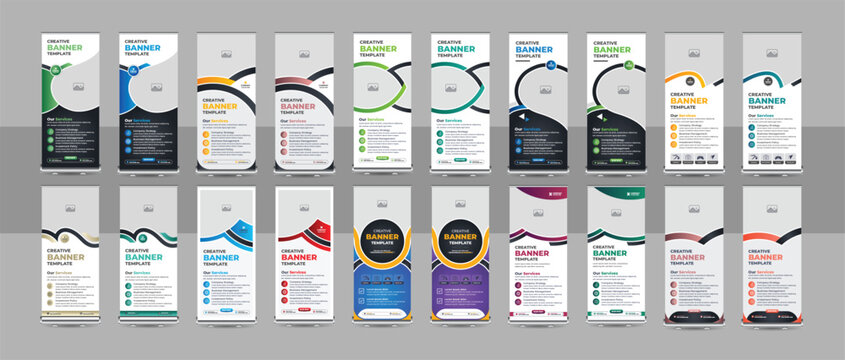 Business rollup banner template set, pull up, display banner, x-banner vector, flag-banner design bundle template or Roll up banner stand for your company