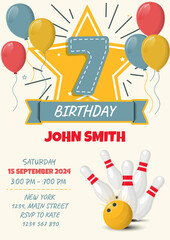 Children's birthday invitation card with bowling ball and pins. Vector illustration.  7 st