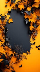 A vibrant Halloween-themed border featuring orange leaves, black butterflies, and spiders, perfect for festive decorations and invitations
