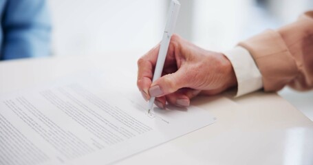 Documents, hand and pen for signature with business person closeup in office for agreement or...