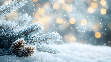 Obraz premium Beautiful winter background image of frosted spruce branches and small drifts of pure snow with bokeh Christmas lights and space for text