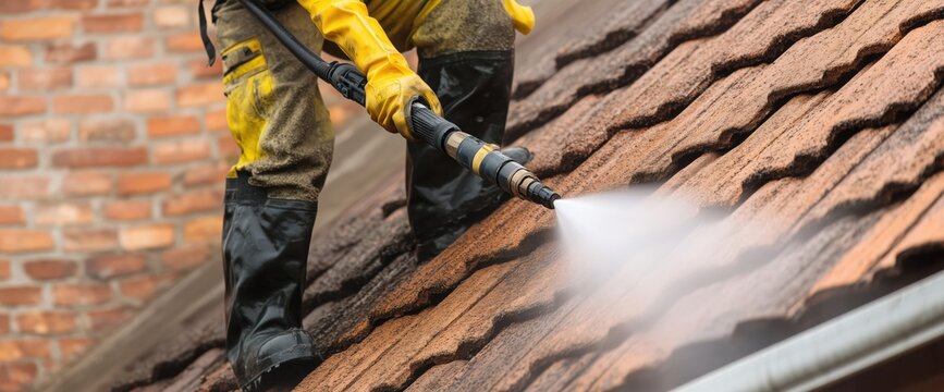 Pressure roof cleaning in protective gear for enhanced safety and maintenance