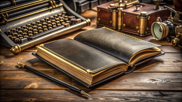 A sleek black leather-bound book mockup with golden trim, lying open on a rustic wooden desk, surrounded by scattered papers and vintage typing machine parts.