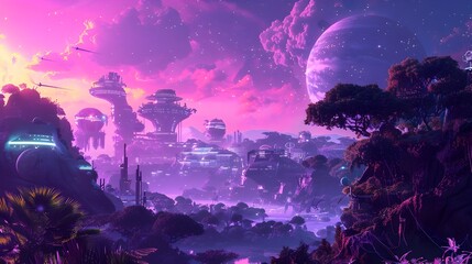 Futuristic Space Colony on Distant Exoplanet with Advanced Technology and Lush Vegetation under Vibrant Purple Sky