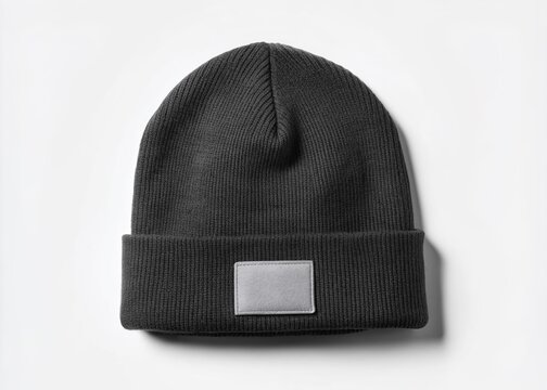 A stylish black beanie  mockup hat with a blank white label isolated on a plain background, perfect for adding your brand logo.
