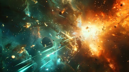 Explosive Space Battle Between a Fleet of Futuristic Starships in the Dark Void of the Cosmos