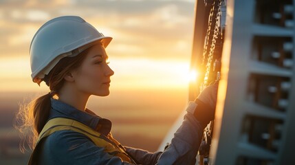 Engineer examining wind turbine gearbox during a sunrise, soft morning light creating a warm glow, intricate details of the gearbox components and the engineer safety gear, with a tranquil rural